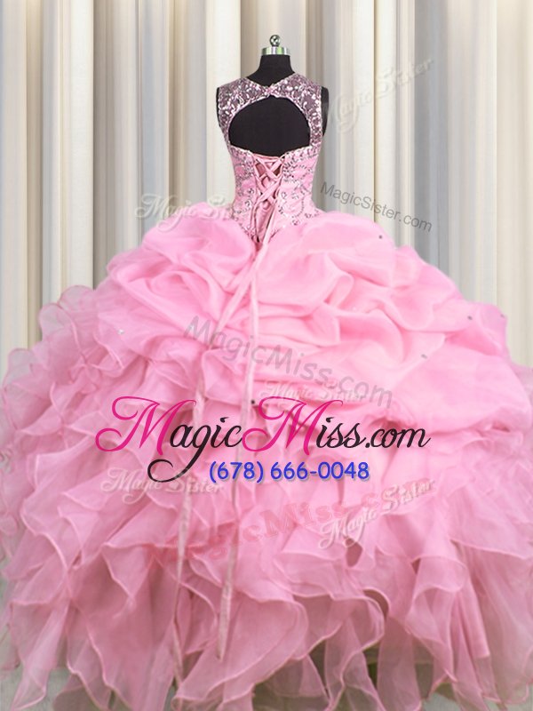 wholesale graceful see through scoop sleeveless organza quince ball gowns beading and ruffles and pick ups lace up