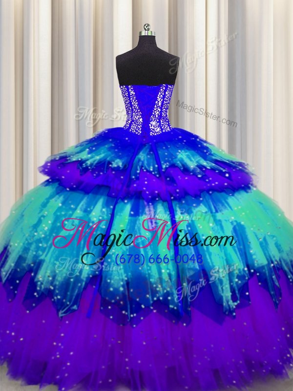 wholesale captivating bling-bling visible boning sweetheart sleeveless 15 quinceanera dress floor length beading and ruffles and ruffled layers and sequins multi-color tulle