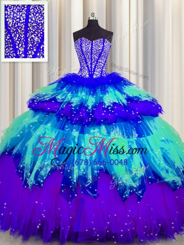 wholesale captivating bling-bling visible boning sweetheart sleeveless 15 quinceanera dress floor length beading and ruffles and ruffled layers and sequins multi-color tulle