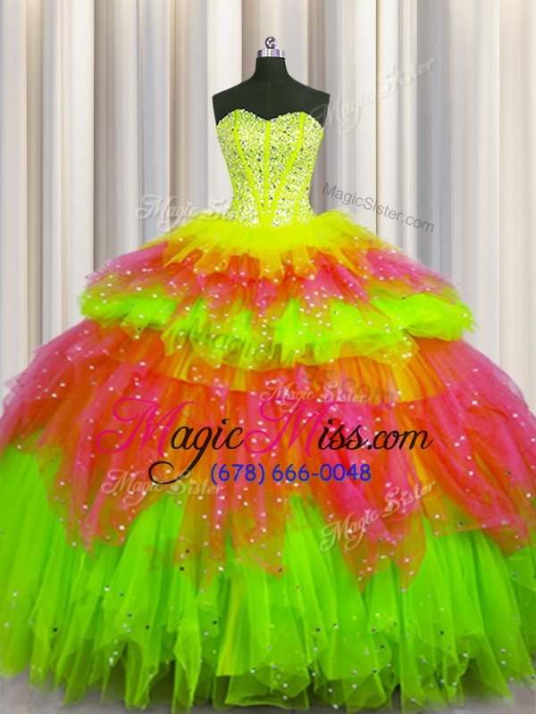 wholesale customized bling-bling visible boning floor length multi-color quinceanera dress tulle sleeveless beading and ruffles and ruffled layers and sequins