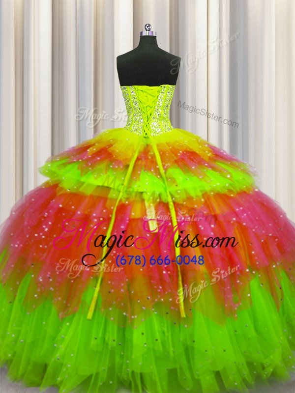 wholesale customized bling-bling visible boning floor length multi-color quinceanera dress tulle sleeveless beading and ruffles and ruffled layers and sequins