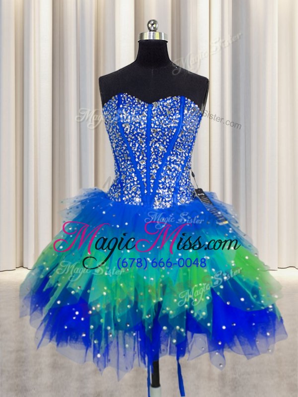 wholesale colorful three piece visible boning sleeveless lace up floor length beading and ruffles and ruffled layers and sequins quinceanera dresses