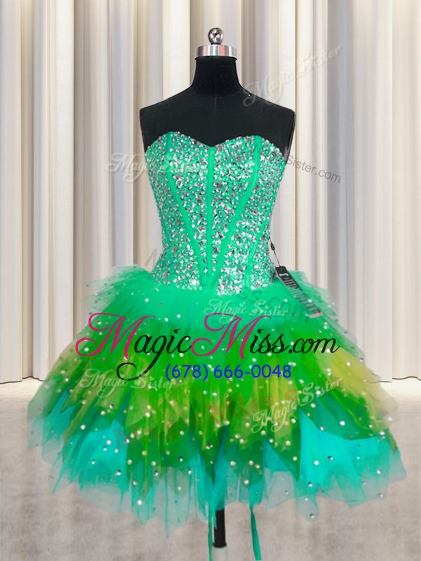 wholesale top selling three piece visible boning sleeveless lace up floor length beading and ruffles and ruffled layers and sequins quince ball gowns
