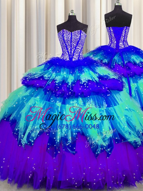 wholesale dramatic three piece visible boning multi-color sleeveless beading and ruffles and ruffled layers and sequins floor length 15th birthday dress