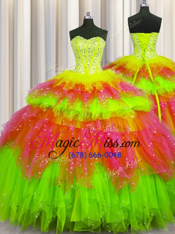 wholesale edgy three piece visible boning sleeveless floor length beading lace up quinceanera dresses with multi-color