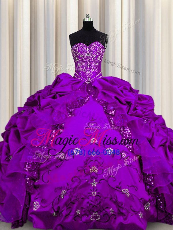 wholesale lovely sequins purple ball gowns taffeta sweetheart sleeveless beading and embroidery and ruffles floor length lace up quinceanera gowns