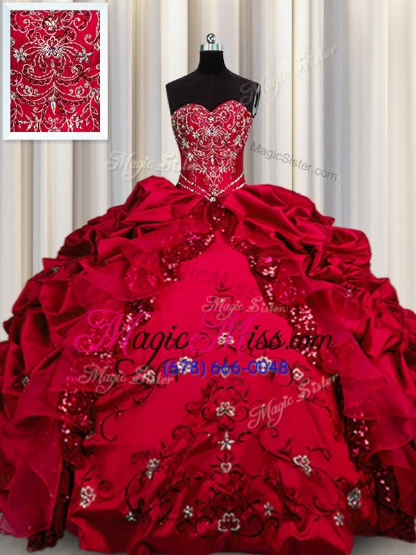 wholesale nice embroidery sequins red sweetheart neckline beading and appliques and ruffles quinceanera dress sleeveless lace up