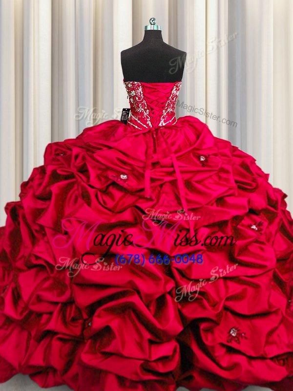 wholesale nice embroidery sequins red sweetheart neckline beading and appliques and ruffles quinceanera dress sleeveless lace up