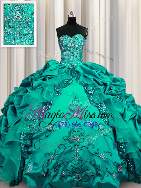 wholesale spectacular sequins taffeta sleeveless floor length ball gown prom dress and beading and embroidery and ruffles and pick ups