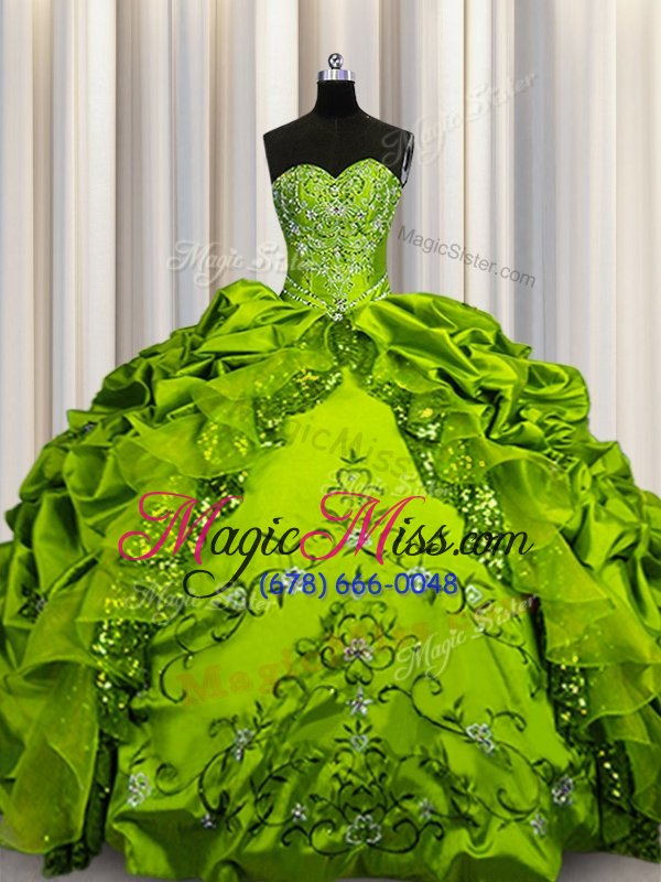 wholesale high quality olive green ball gowns taffeta sweetheart sleeveless beading and embroidery and ruffles and sequins and pick ups floor length lace up quinceanera gown