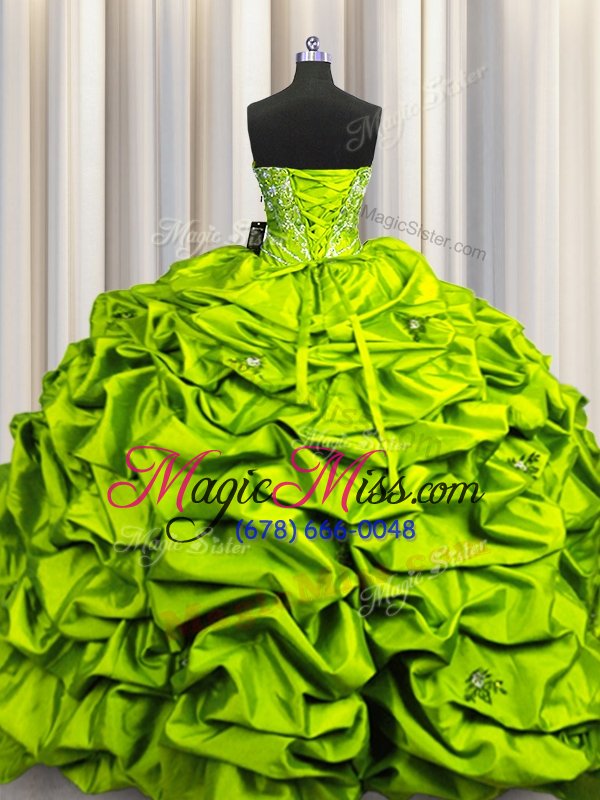 wholesale high quality olive green ball gowns taffeta sweetheart sleeveless beading and embroidery and ruffles and sequins and pick ups floor length lace up quinceanera gown