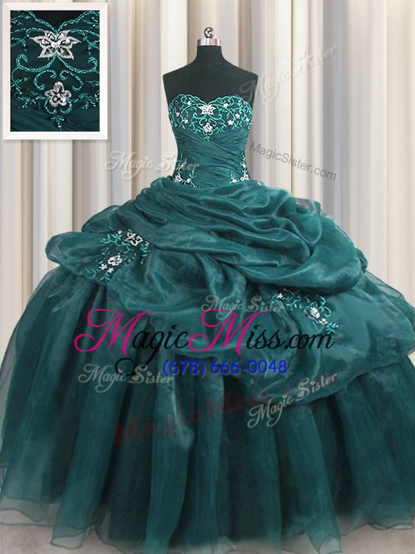wholesale stylish floor length teal sweet 16 dresses organza sleeveless beading and appliques and ruffles