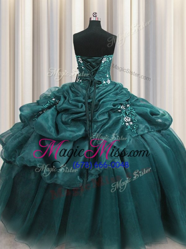 wholesale stylish floor length teal sweet 16 dresses organza sleeveless beading and appliques and ruffles