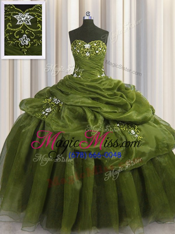 wholesale fine olive green ball gowns organza sweetheart sleeveless beading and appliques and pick ups floor length lace up 15th birthday dress