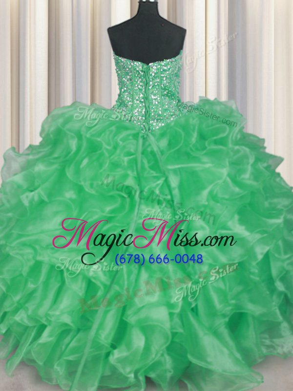 wholesale affordable visible boning apple green organza lace up strapless sleeveless floor length sweet 16 dresses beading and ruffles