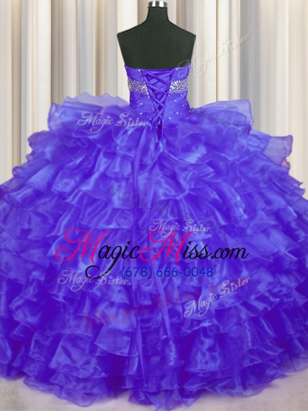 wholesale cheap floor length purple sweet 16 dress organza sleeveless beading and ruffled layers