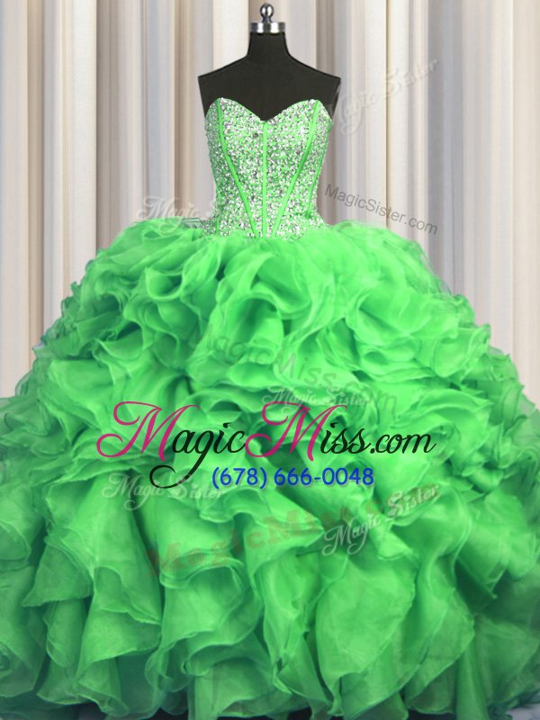 wholesale enchanting visible boning bling-bling ball gowns sweetheart sleeveless organza with train sweep train lace up beading and ruffles quinceanera dress
