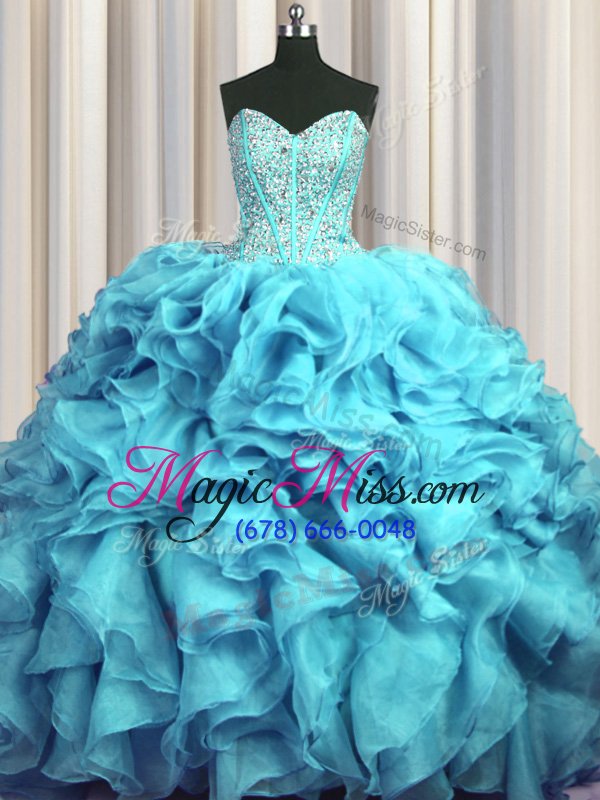 wholesale modern visible boning bling-bling aqua blue ball gowns organza sweetheart sleeveless beading and ruffles with train lace up quinceanera dresses brush train