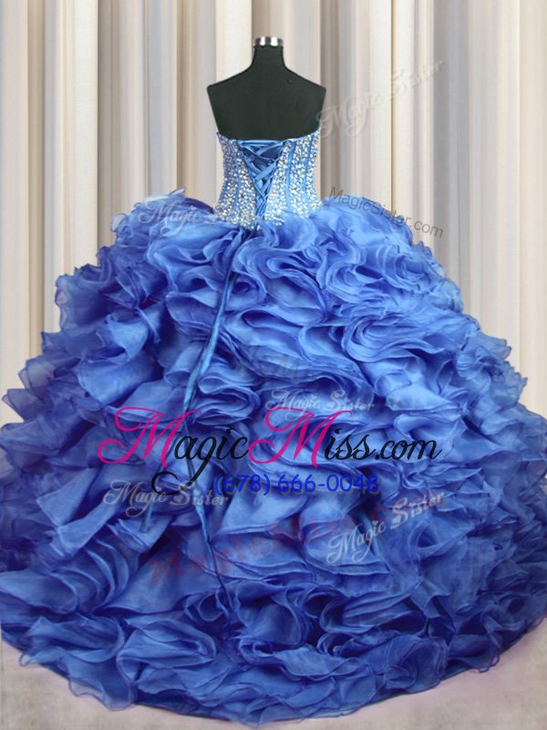 wholesale fashion visible boning bling-bling with train baby blue quinceanera dress organza brush train sleeveless beading and ruffles