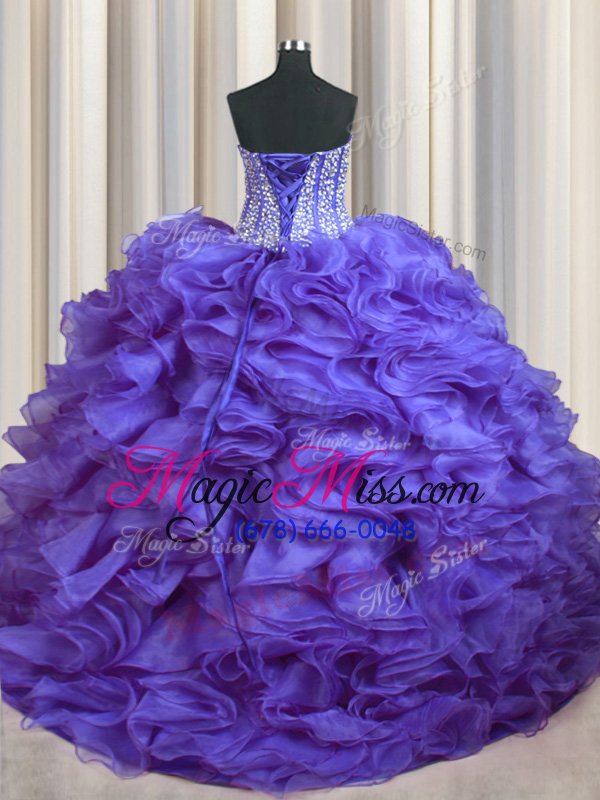 wholesale custom designed bling-bling sleeveless brush train beading and ruffles lace up sweet 16 quinceanera dress