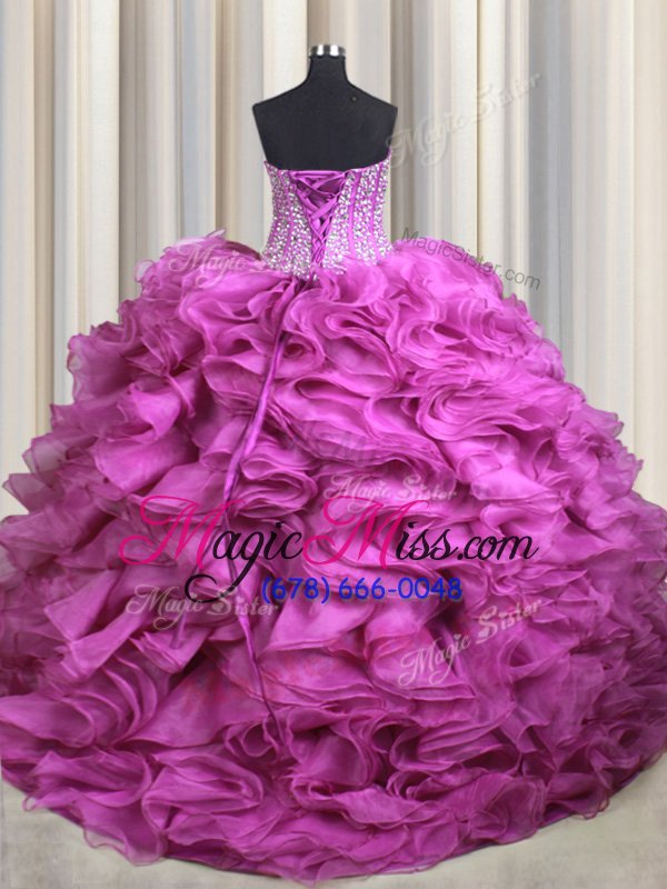 wholesale admirable visible boning fuchsia sleeveless organza brush train lace up sweet 16 quinceanera dress for military ball and sweet 16 and quinceanera
