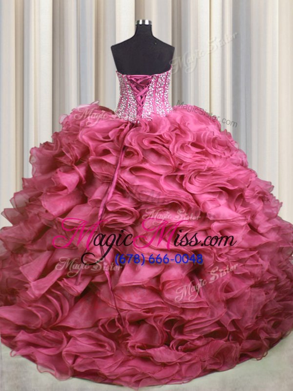 wholesale artistic visible boning bling-bling with train rose pink 15th birthday dress organza brush train sleeveless beading and ruffles