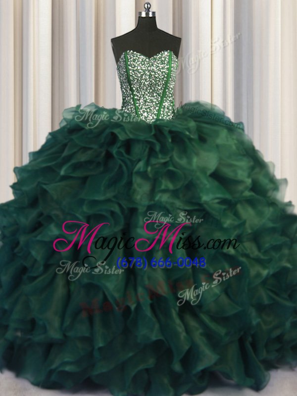 wholesale clearance bling-bling dark green organza lace up sweet 16 dresses sleeveless with brush train beading and ruffles