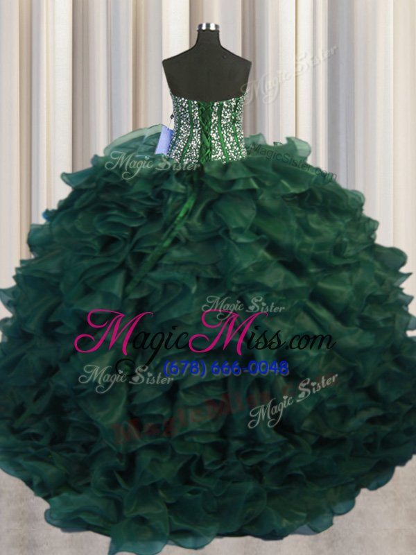 wholesale clearance bling-bling dark green organza lace up sweet 16 dresses sleeveless with brush train beading and ruffles
