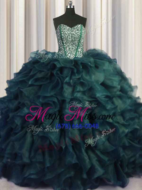wholesale chic visible boning bling-bling sleeveless organza with brush train lace up vestidos de quinceanera in peacock green for with beading and ruffles