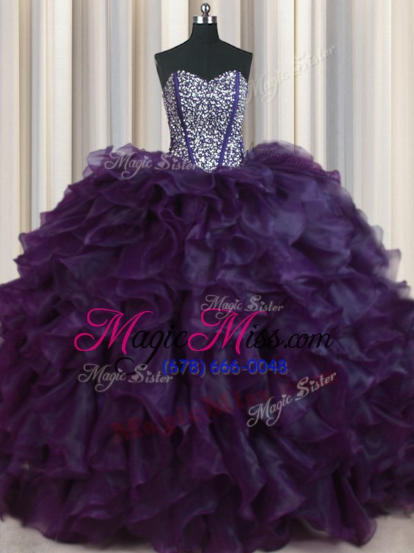 wholesale decent visible boning bling-bling eggplant purple sweetheart neckline beading and ruffles 15 quinceanera dress sleeveless lace up