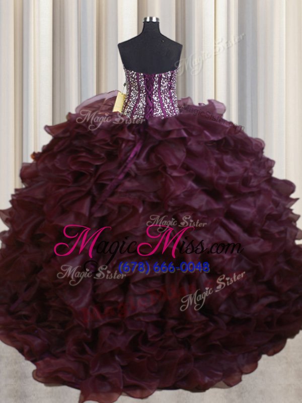wholesale luxury visible boning burgundy sleeveless brush train beading and ruffles with train ball gown prom dress