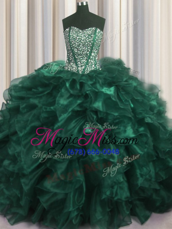 wholesale eye-catching visible boning bling-bling turquoise sweetheart neckline beading and ruffles quinceanera gown sleeveless lace up