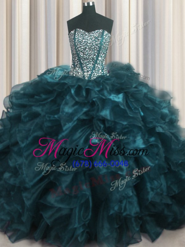 wholesale trendy visible boning bling-bling brush train teal sleeveless with train beading and ruffles lace up quinceanera gowns