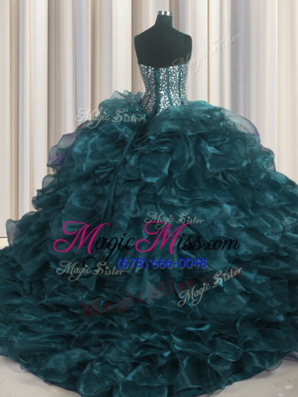 wholesale trendy visible boning bling-bling brush train teal sleeveless with train beading and ruffles lace up quinceanera gowns