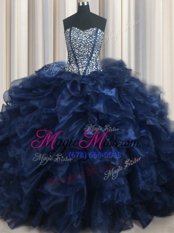wholesale visible boning bling-bling navy blue sleeveless with train beading and ruffles lace up 15 quinceanera dress