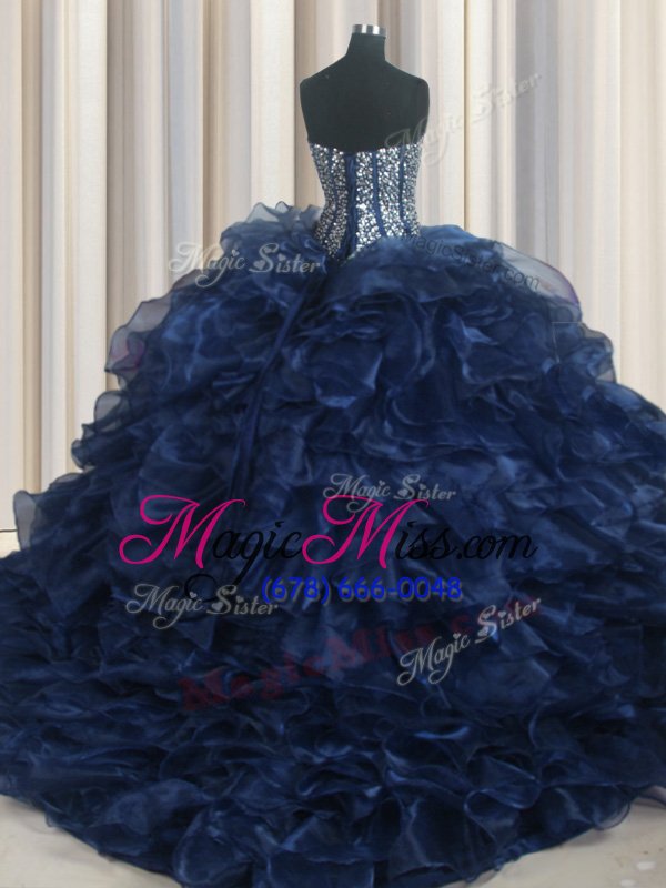 wholesale visible boning bling-bling navy blue sleeveless with train beading and ruffles lace up 15 quinceanera dress