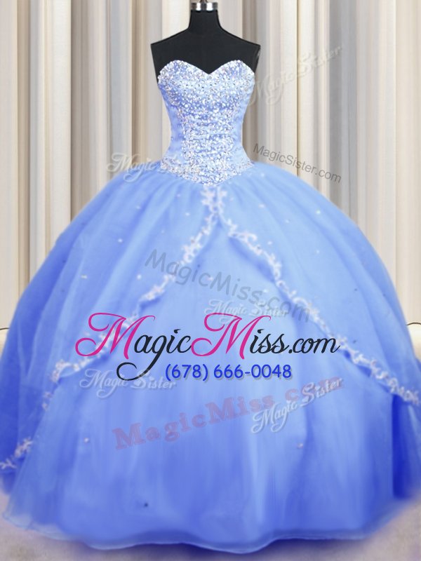 wholesale flare baby blue lace up quince ball gowns beading and appliques sleeveless with brush train
