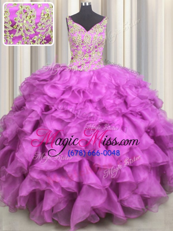 wholesale sweet v neck fuchsia quince ball gowns military ball and sweet 16 and quinceanera and for with beading and ruffles v-neck sleeveless lace up