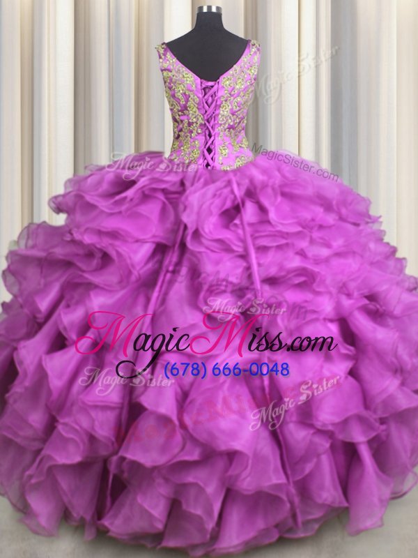 wholesale sweet v neck fuchsia quince ball gowns military ball and sweet 16 and quinceanera and for with beading and ruffles v-neck sleeveless lace up