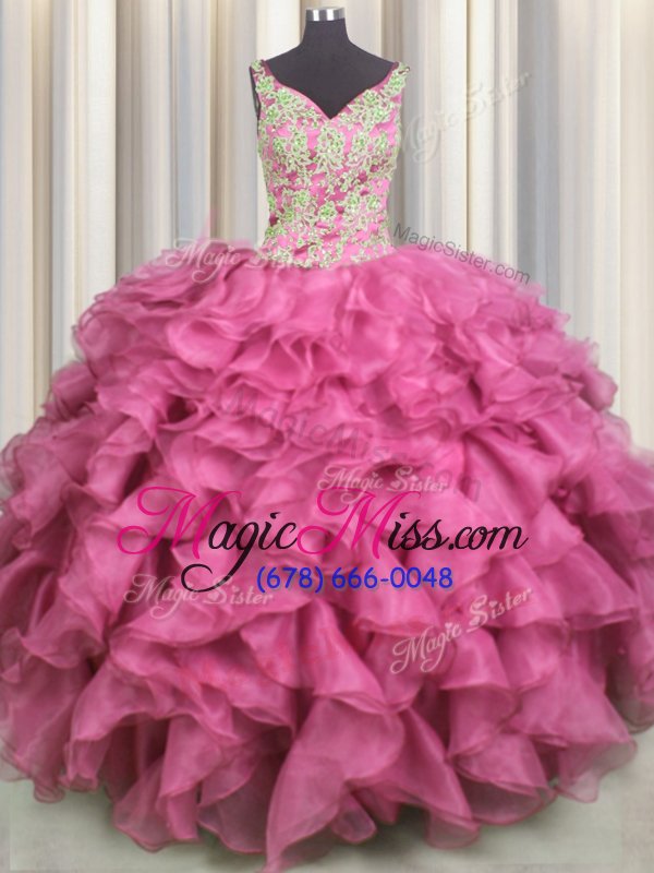 wholesale top selling v neck rose pink ball gowns organza v-neck sleeveless beading and ruffles floor length lace up sweet 16 quinceanera dress