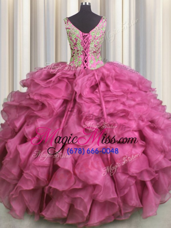 wholesale top selling v neck rose pink ball gowns organza v-neck sleeveless beading and ruffles floor length lace up sweet 16 quinceanera dress