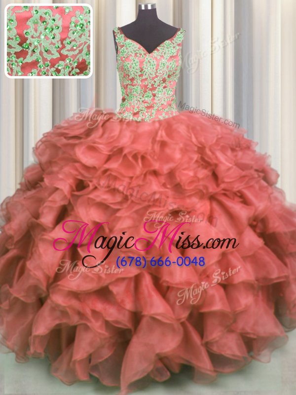 wholesale glittering v neck high low coral red 15th birthday dress organza sleeveless beading and ruffles