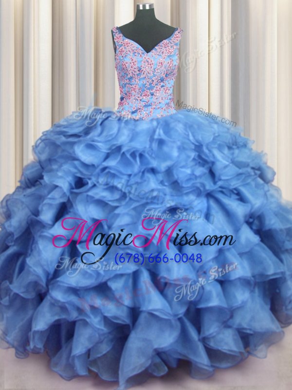 wholesale traditional ruffled v neck floor length ball gowns sleeveless baby blue 15 quinceanera dress lace up