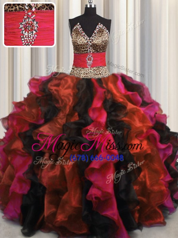 wholesale glorious leopard v neck multi-color lace up v-neck beading and ruffles quince ball gowns organza sleeveless