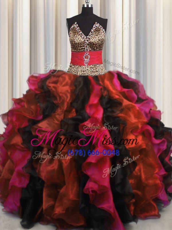 wholesale glorious leopard v neck multi-color lace up v-neck beading and ruffles quince ball gowns organza sleeveless