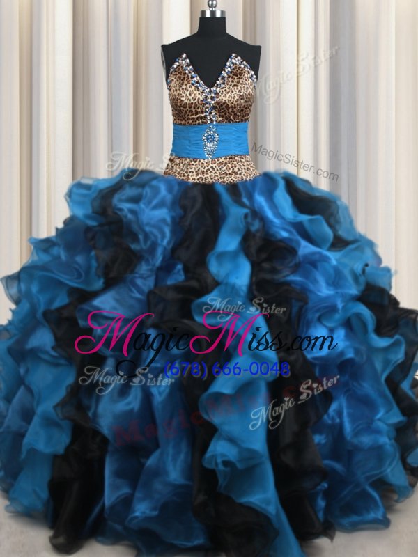wholesale beauteous leopard two tone v neck blue and black sleeveless organza and printed lace up 15th birthday dress for military ball and sweet 16 and quinceanera