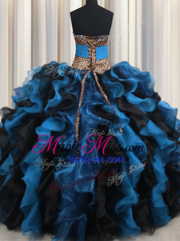 wholesale beauteous leopard two tone v neck blue and black sleeveless organza and printed lace up 15th birthday dress for military ball and sweet 16 and quinceanera