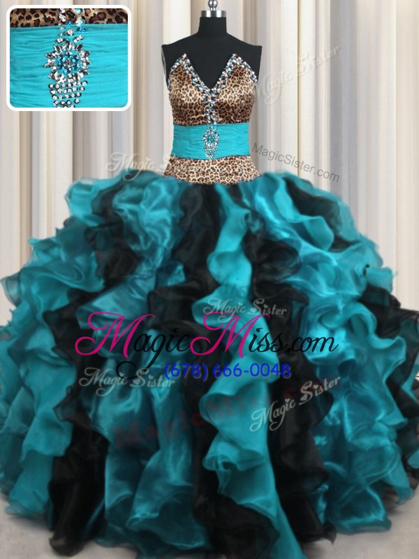 wholesale superior leopard two tone v neck multi-color sleeveless beading and ruffles floor length 15 quinceanera dress