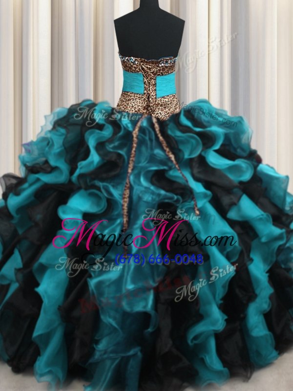 wholesale superior leopard two tone v neck multi-color sleeveless beading and ruffles floor length 15 quinceanera dress