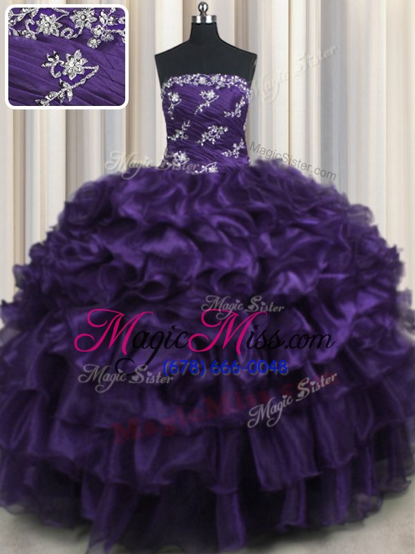 wholesale amazing floor length lace up ball gown prom dress purple and in for military ball and sweet 16 and quinceanera with appliques and ruffles and ruffled layers
